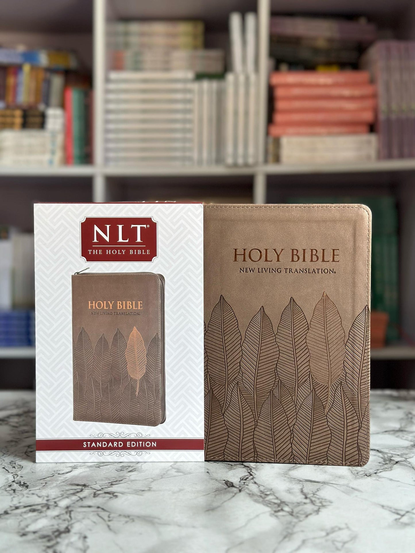 NLT Brown Leaves Faux Leather Flexcover Standard Bible Thumb Indexed With Zip