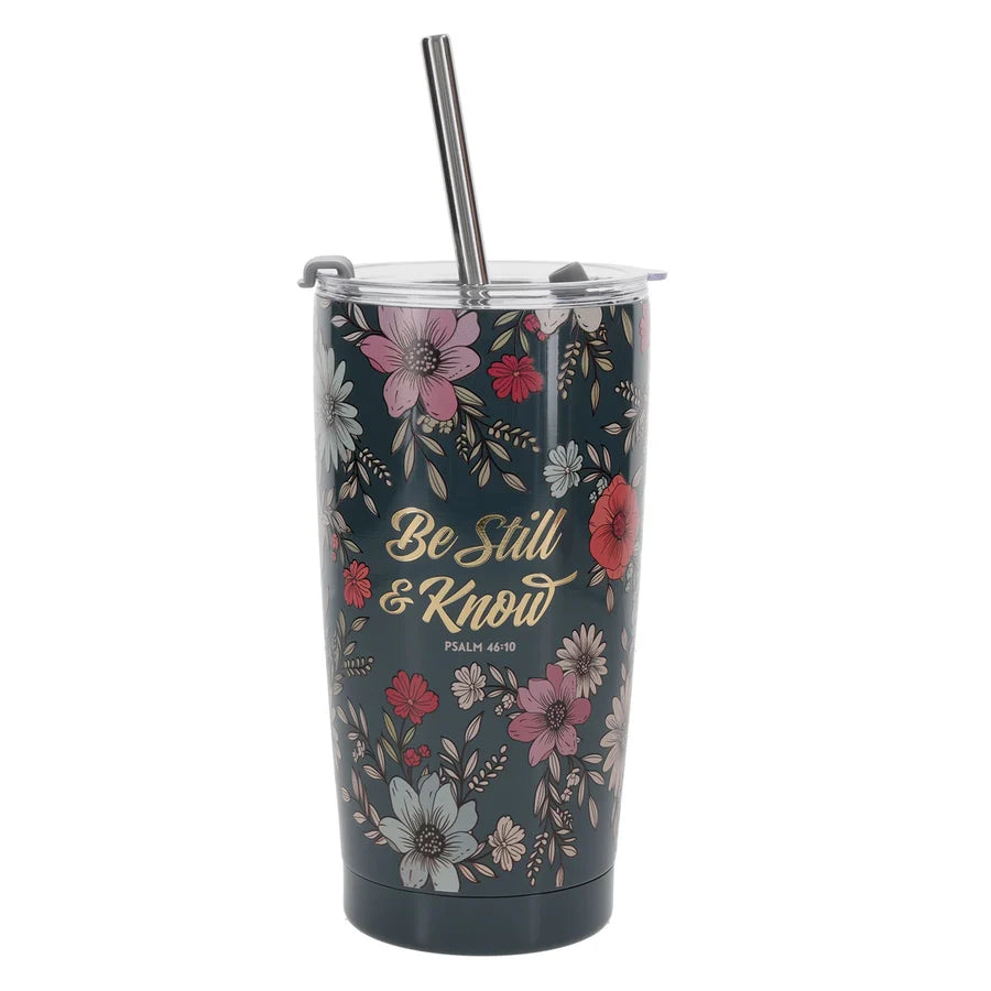 Be Still and Know Stainless Steel, Teal Floral, with Straw