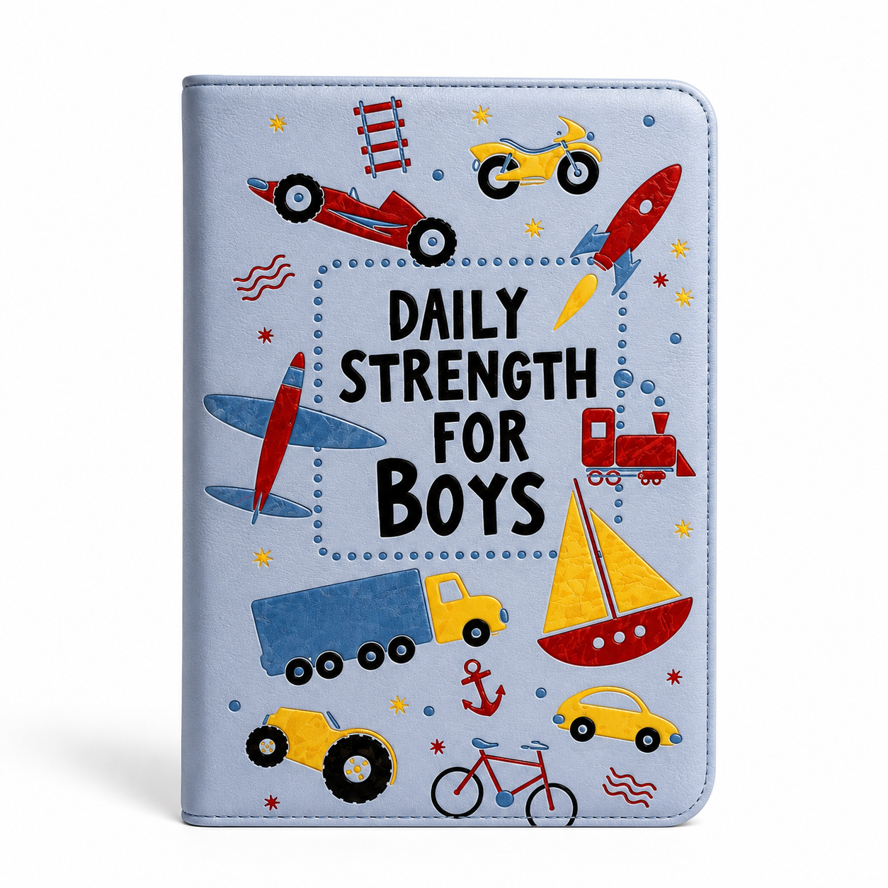 A light blue faux-leather tablet case featuring the text 'DAILY STRENGTH FOR BOYS' in black, surrounded by colorful cartoon vehicles and nautical motifs on a white background.