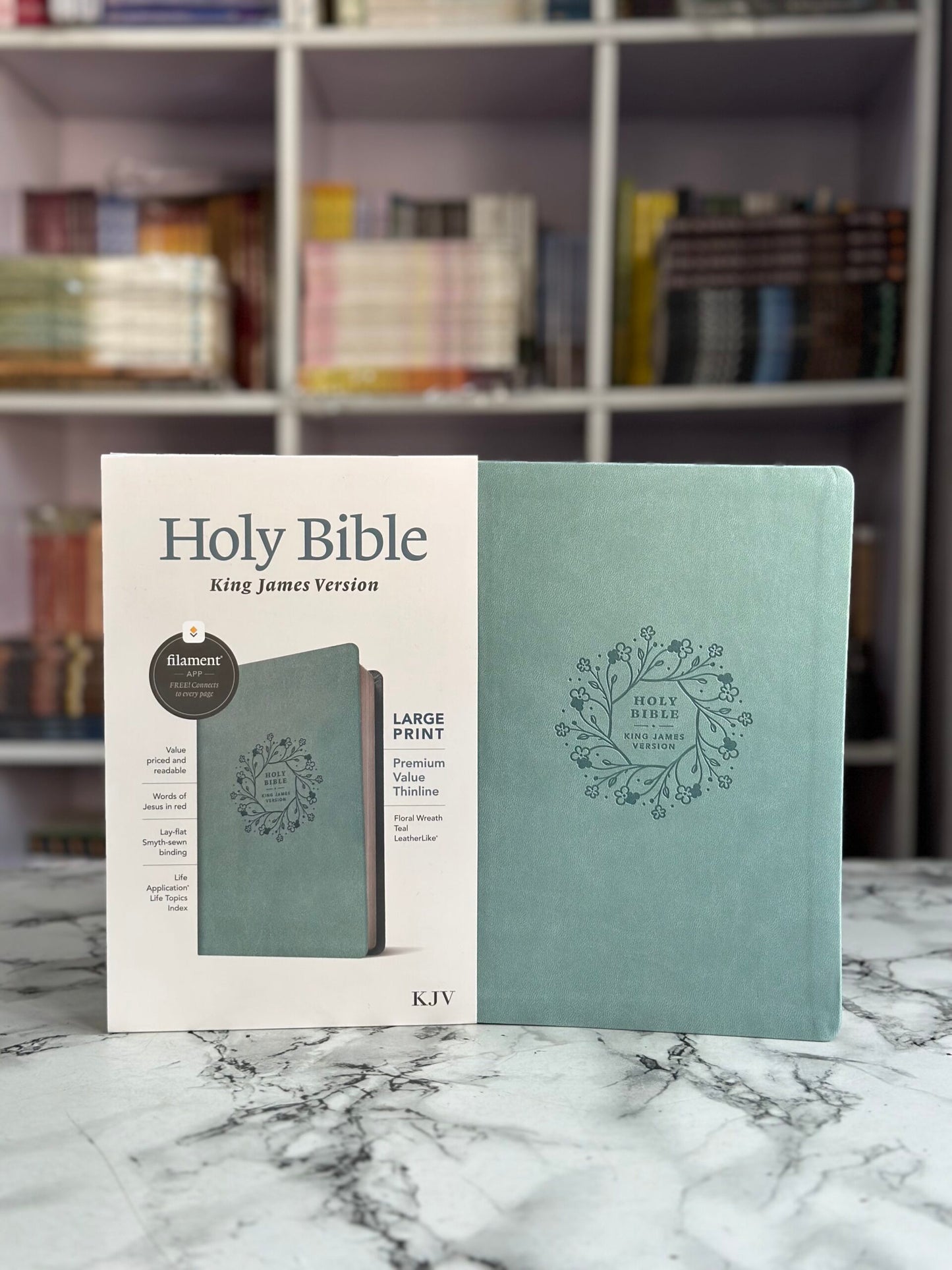 KJV Large Print Premium Value Thinline Bible, Filament-Enabled Edition (Leatherlike, Floral Wreath Teal, Red Letter)
