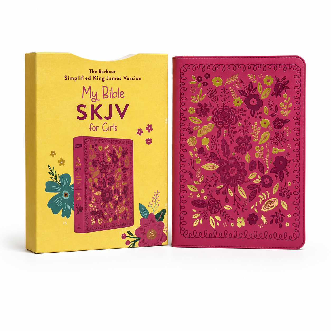 My Bible SKJV for Girls edition shown with its yellow box packaging on the left and the pink floral-bound Bible itself on the right, on a clean white background.