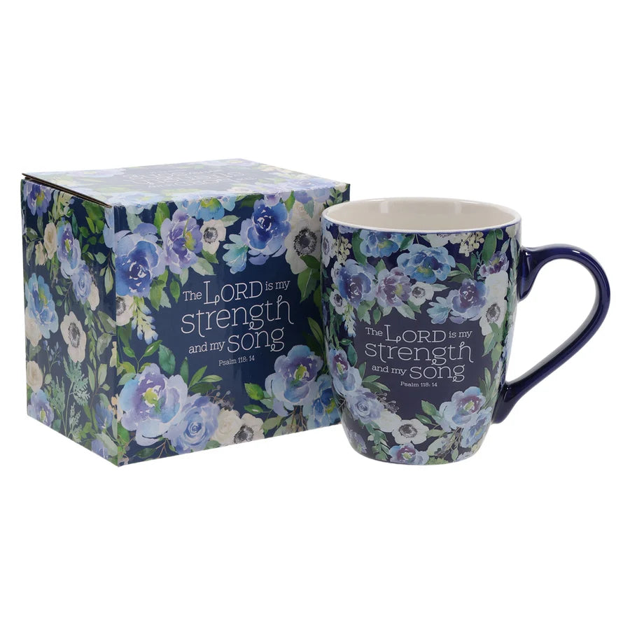 The Lord Is My Strength and My Song Blue Floral Ceramic Mug