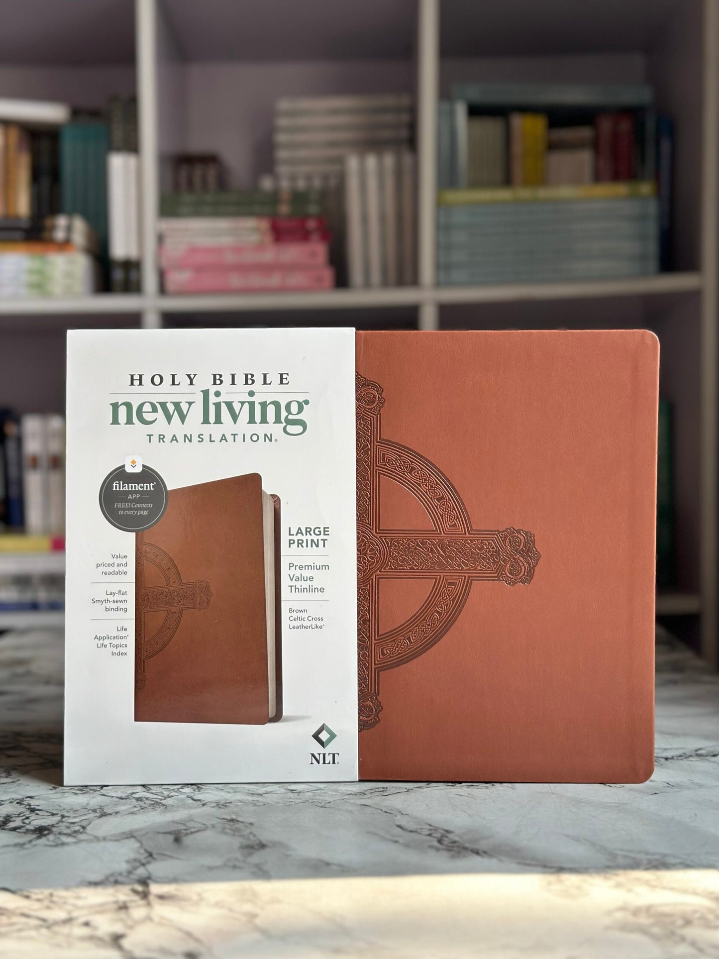 NLT Large Print Premium Value Thinline Bible, Filament Enabled (LeatherLike, Brown Celtic Cross)