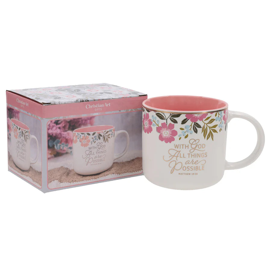 With God All Things Are Possible Floral Ceramic Mug with Pink Interior