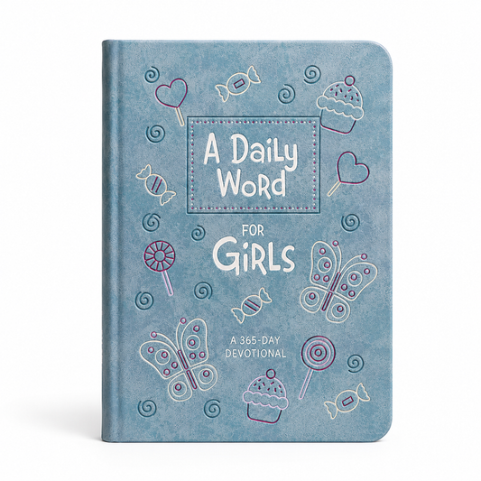A Daily Word for Girls devotional notebook with a textured light blue cover decorated with cute doodles of cupcakes, butterflies, lollipops, and hearts, shown on a clean white background.