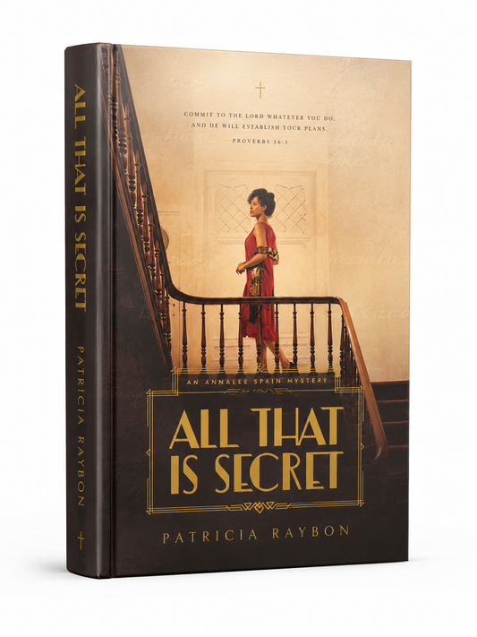 Book cover of 'All That Is Secret' by Patricia Raybon with a woman in a red dress on a staircase.