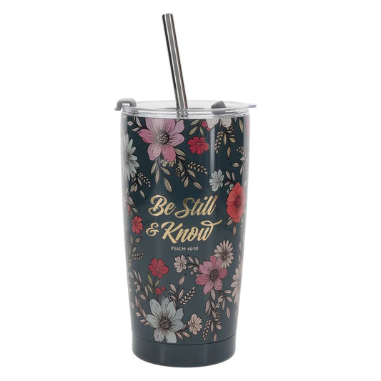 Be Still and Know Stainless Steel, Teal Floral, with Straw