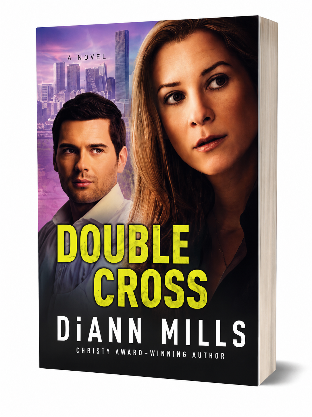 Book cover of 'Double Cross' by Diann Mills featuring a man and woman against a cityscape.