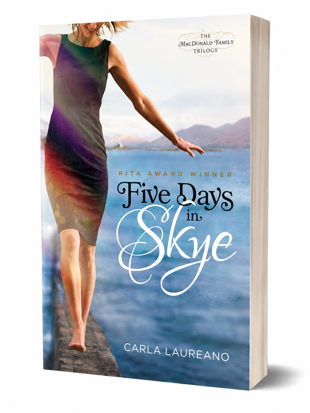 Book cover of 'Five Days in Skye' by Carla Laureano with a woman in a colorful dress on a dock.