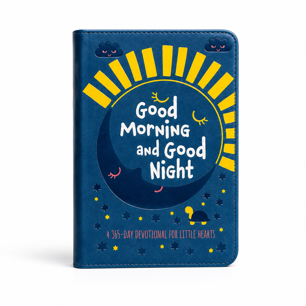 A blue hardcover book or journal cover with a playful night-sky design, featuring yellow sun rays, white and blue text reading 'Good Morning and Good Night,' and small star and cloud illustrations on a white background.