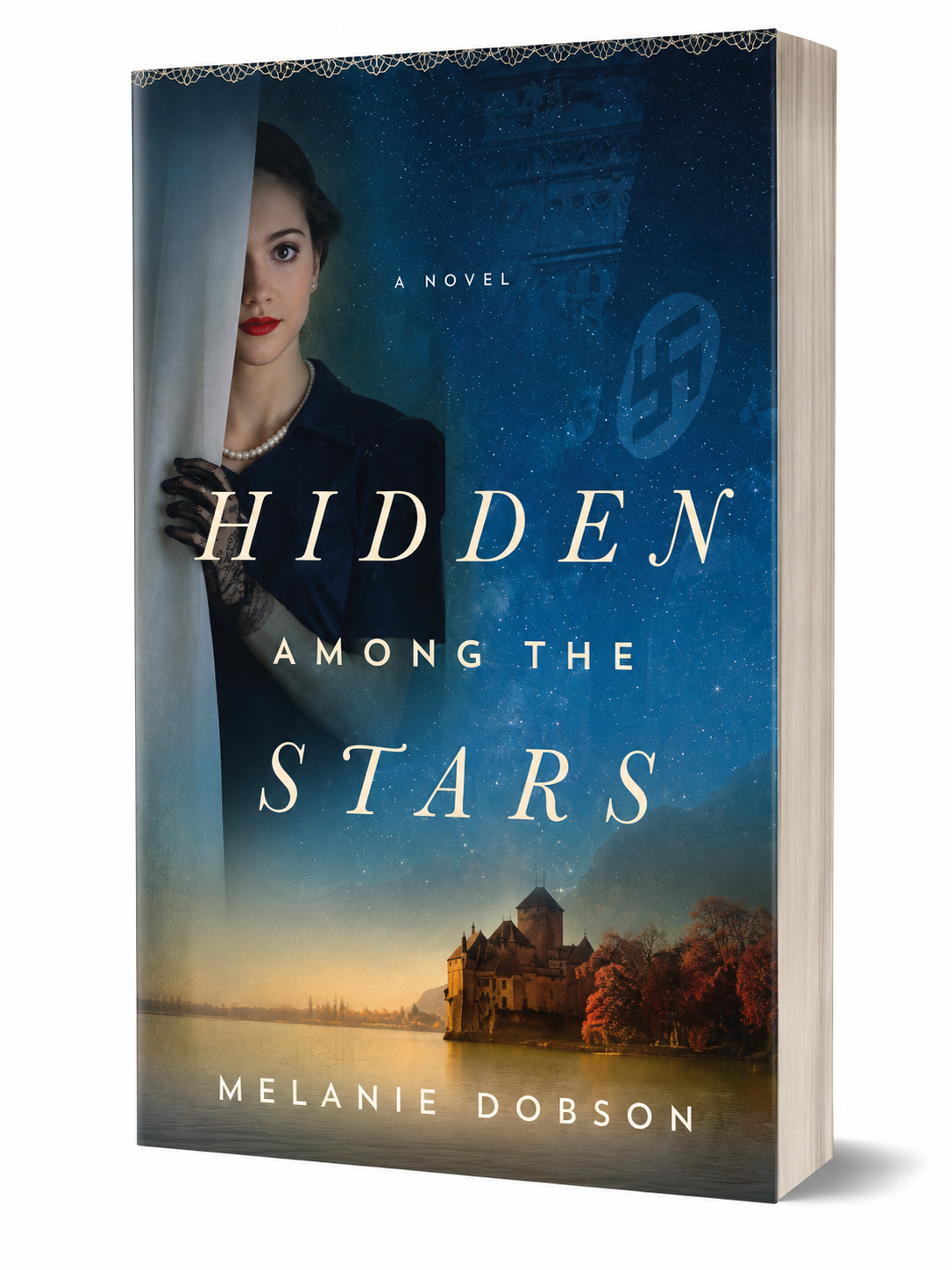 Book cover of 'Hidden Among the Stars' by Melanie Dobson with a woman's face and a castle on a lake.