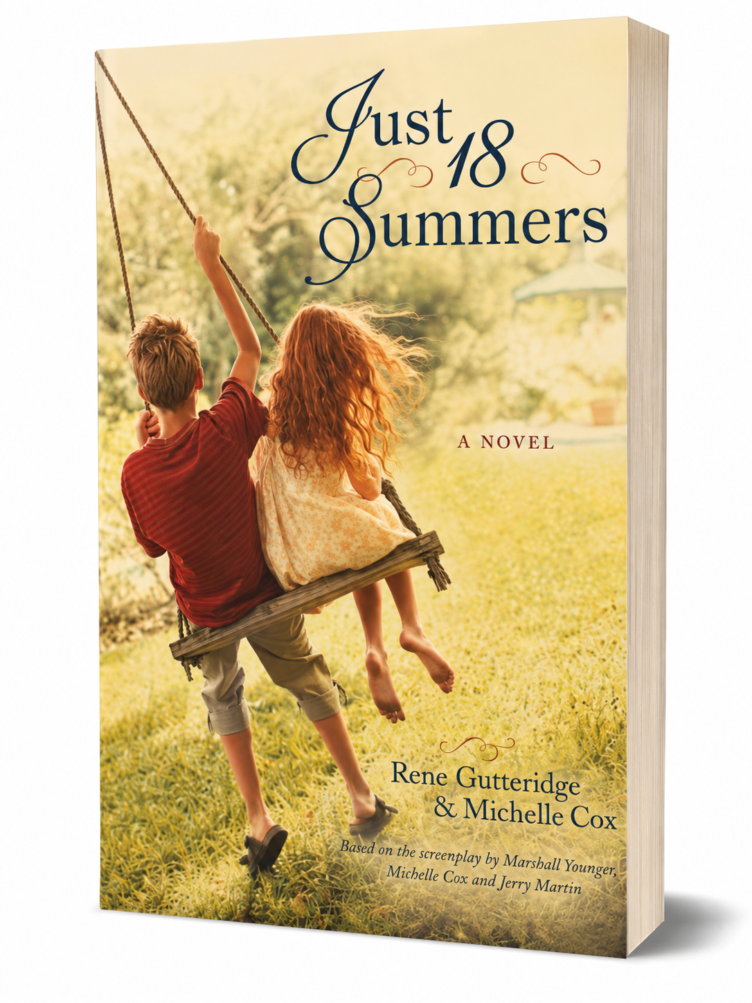 Book cover of 'Just 18 Summers' with two children on a swing in a field.