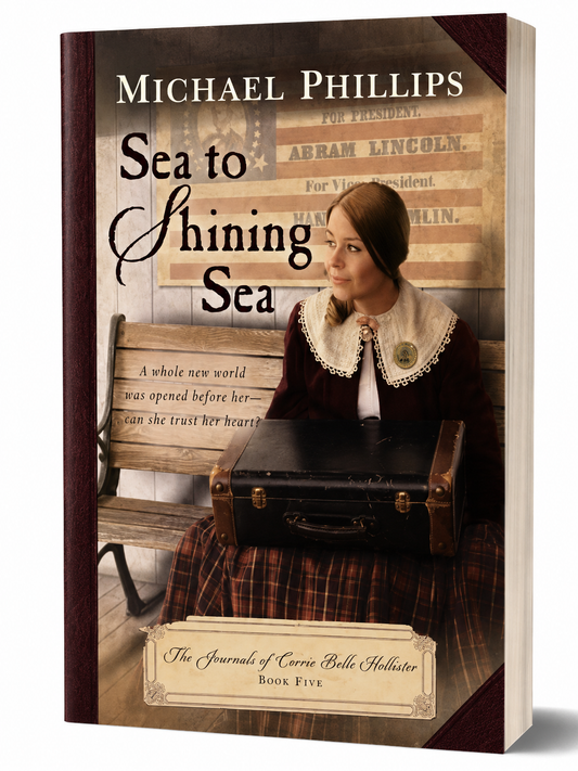 Book cover of 'Sea to Shining Sea' by Michael Phillips with a woman and suitcase design.