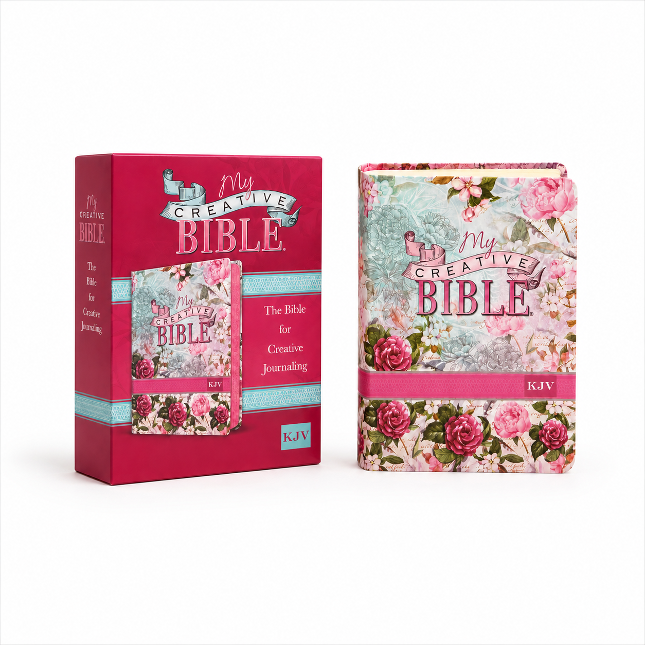 My Creative Bible set shown with its pink retail box and the Bible itself. The cover features a vintage floral design with pink roses, green leaves, and a light blue background, wrapped with a pink band labeled KJV.
