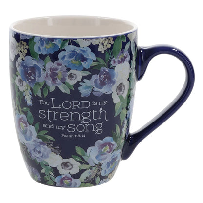 The Lord Is My Strength and My Song Blue Floral Ceramic Mug