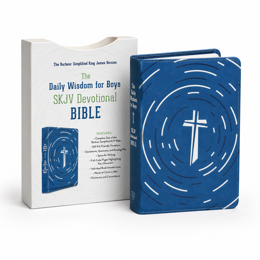 The Daily Wisdom for Boys SKJV Devotional Bible shown with its white retail box on a clean white background. The Bible has a blue cover with a white cross and circular line design, and the box displays the title and product features.