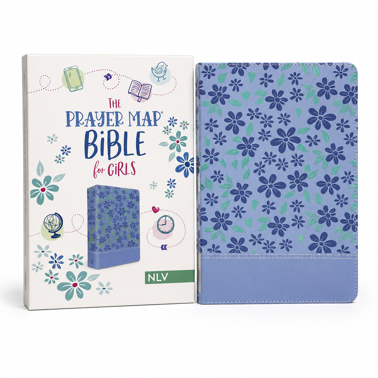 The Prayer Map Bible for Girls NLV shown with its illustrated retail box on a white background. The Bible has a blue floral pattern on the cover, and the box is cream with blue, teal, and pink decorative illustrations.