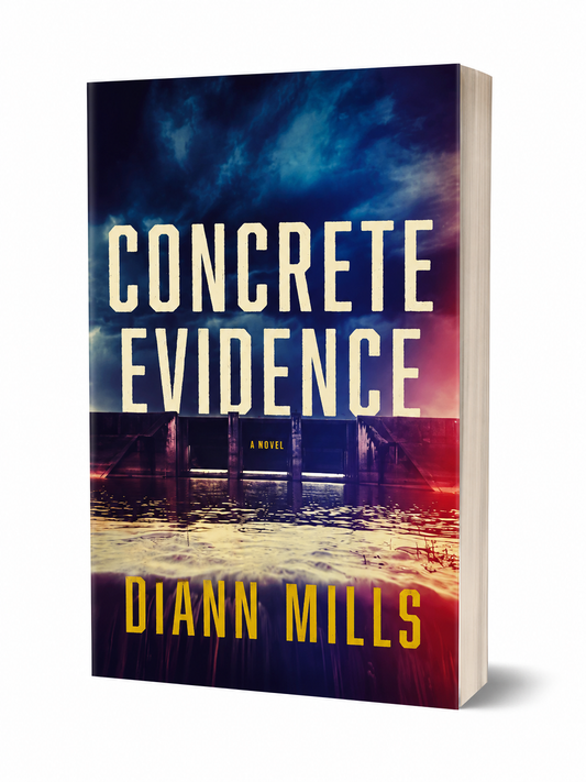 Book cover of 'Concrete Evidence' by Diann Mills with a bridge and water scene.