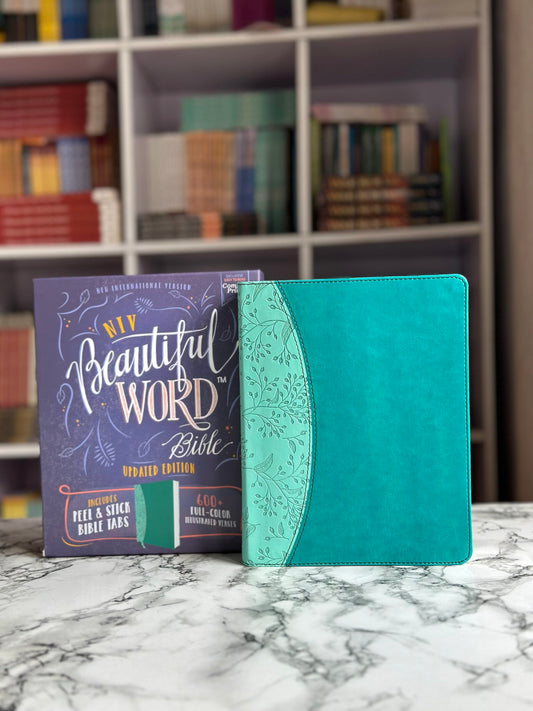 NIV, Beautiful Word Bible, Updated Edition, Peel/Stick Bible Tabs, Leathersoft, Teal, Red Letter, Comfort Print