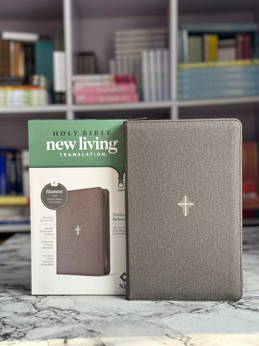 NLT Thinline Reference Zipper Bible, Filament Enabled LeatherLike, Textured Cross Gray, Red Letter