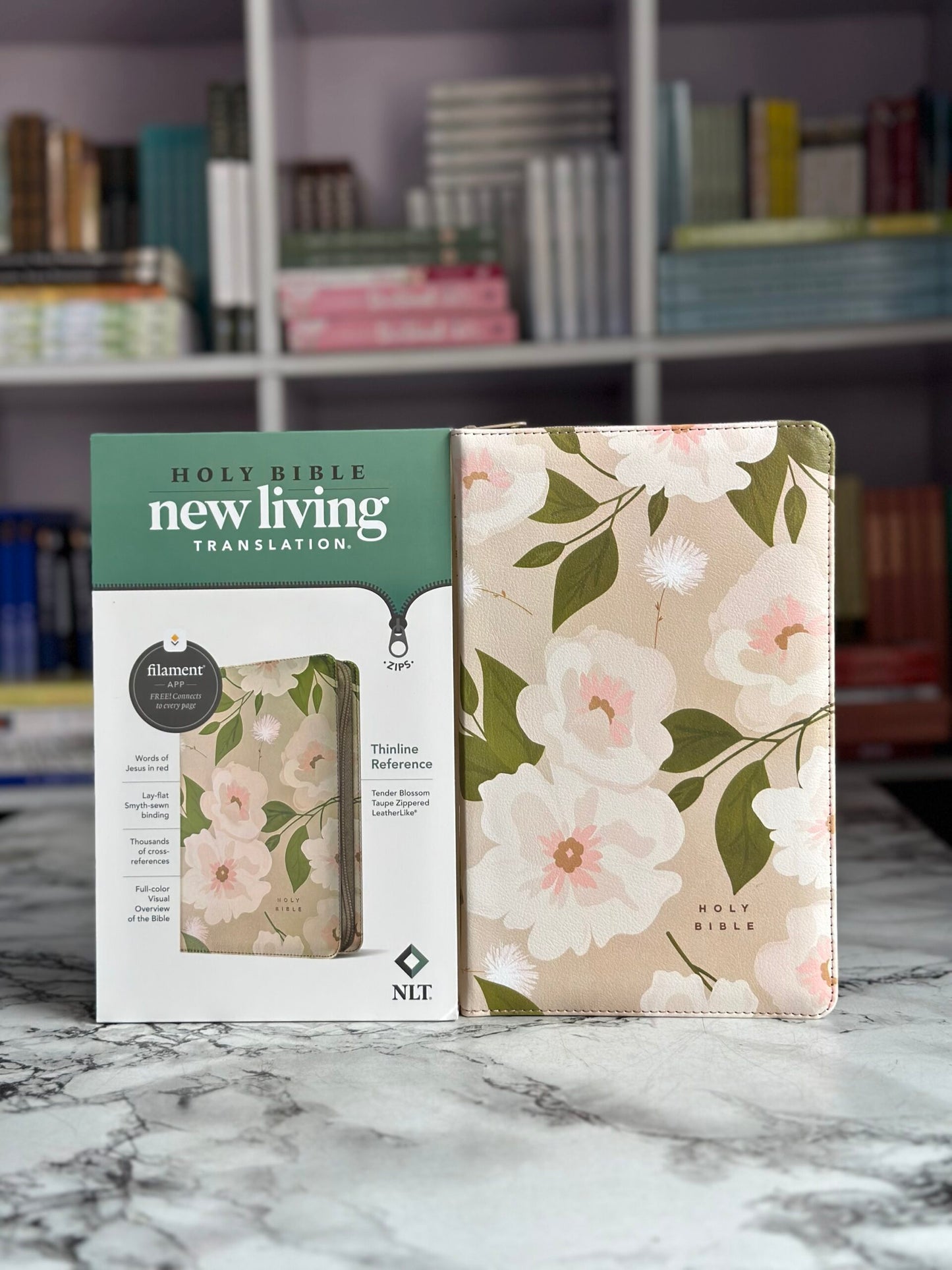NLT Thinline Reference Zipper Bible, Filament Enabled (LeatherLike, Tender Blossom Taupe, Red Letter)