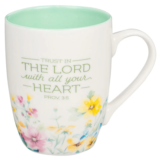 Trust In The Lord With All Your Heart Floral Ceramic Mug With Green Interior - Prov 3:5-6