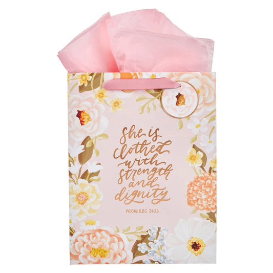 She Is Clothed with Strength and Dignity Big Portrait Gift Bag with Gift Tag