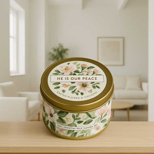 He Is Our Peace Cactus Flower and Coconut Candle in a Tin - Ephesians 2:14