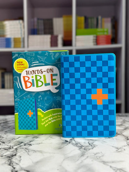 NLT Hands-On Bible for Kids, 3rd Edition (Blue Check Cross Leather)