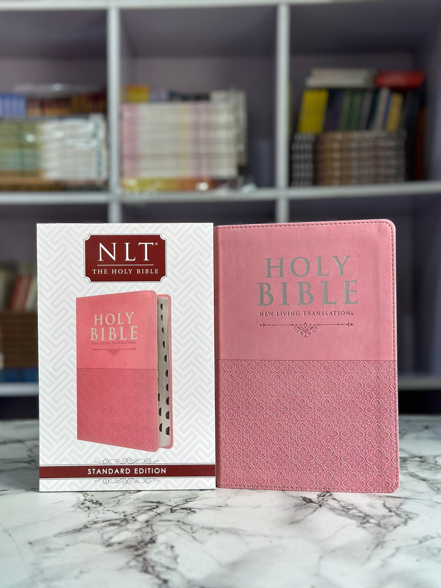 NLT Pink Pattern Faux Leather Standard Bible Thumb Indexed