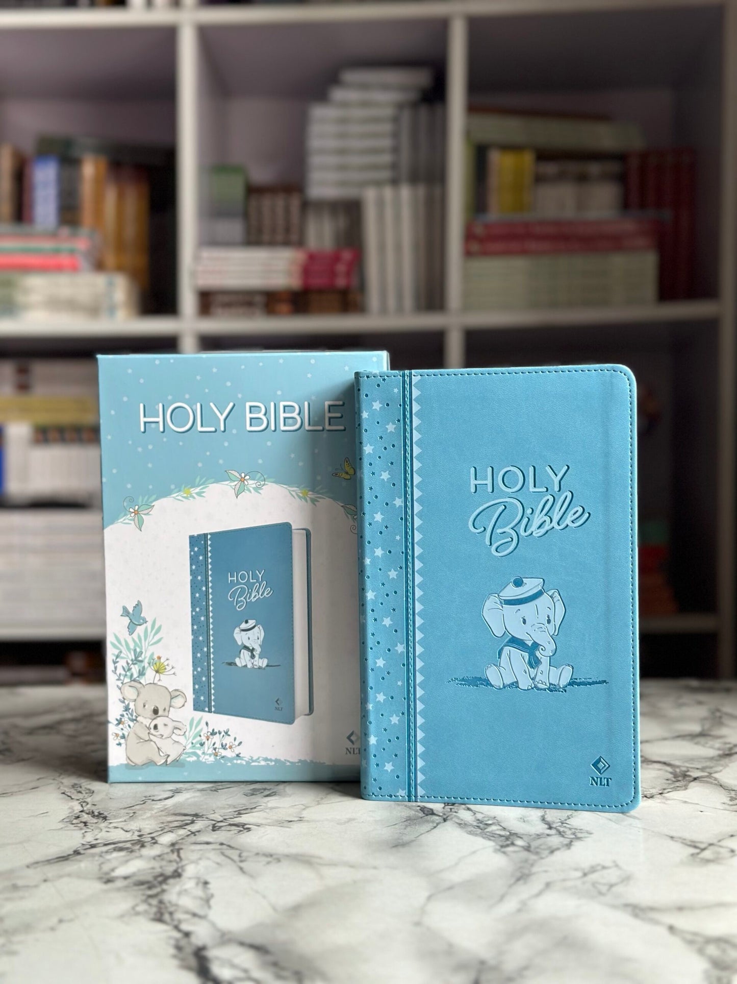 NLT Blue Elephant Flexcover Faux Leather Baby Bible for Boys