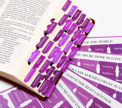 Purple bookmark labels on an open book with text
