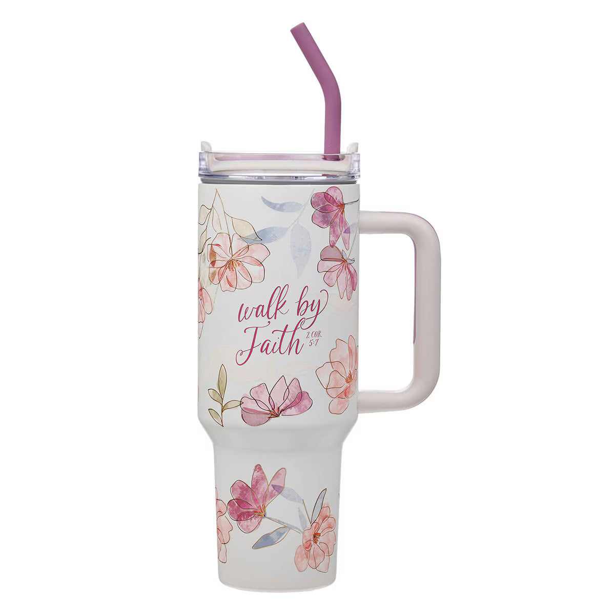 Walk by Faith Pink Stainless Steel Tumbler with Straw - 2 Corinthians 5:7