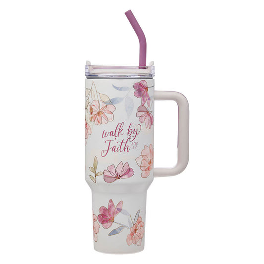 Walk by Faith Pink Stainless Steel Tumbler with Straw - 2 Corinthians 5:7